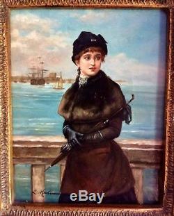 Antique Vintage Oil Painting Portrait of a French Woman In Harbor Signed Framed