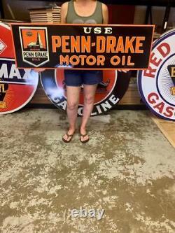 Antique Vintage Old Style Penn Drake Motor Oil Metal Sign 48 Long Made USA