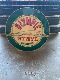 Antique Vintage Old Style Sign Olympic Ethyl Gas 30 Round Made USA