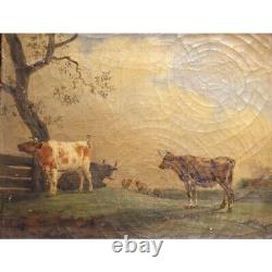 Antique original swiss 1825 Original Cows Oil canvas Painting signed