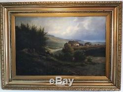 Antique vintage gilt framed and signed original oil painting Gypsy Camp HUGE