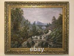 Antique vintage gilt framed signed original oil painting on canvas Fly fishing