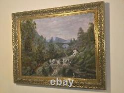 Antique vintage gilt framed signed original oil painting on canvas Fly fishing