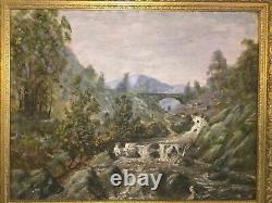 Antique vintage gilt framed signed original oil painting on canvas Fly fishing