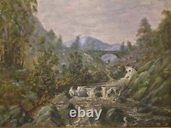 Antique vintage gilt framed signed original oil painting on canvas Fly fishing