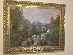 Antique vintage gilt framed signed original oil painting on canvas Fly fishing