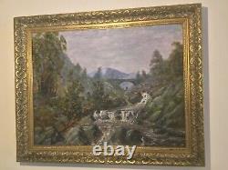 Antique vintage gilt framed signed original oil painting on canvas Fly fishing