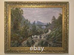 Antique vintage gilt framed signed original oil painting on canvas Fly fishing