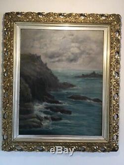 Antique vintage original signed oil painting in extremely ornate gilt frame 19c