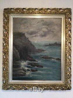 Antique vintage original signed oil painting in extremely ornate gilt frame 19c