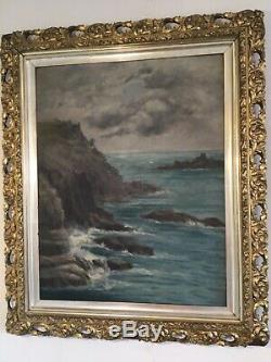 Antique vintage original signed oil painting in extremely ornate gilt frame 19c