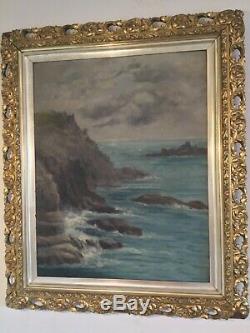 Antique vintage original signed oil painting in extremely ornate gilt frame 19c