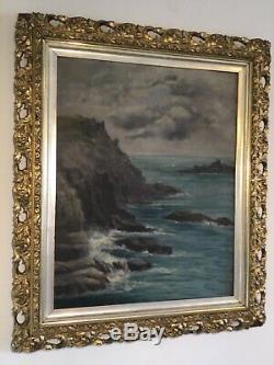 Antique vintage original signed oil painting in extremely ornate gilt frame 19c