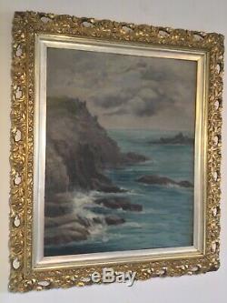 Antique vintage original signed oil painting in extremely ornate gilt frame 19c