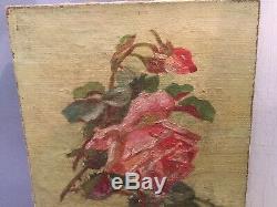 Antique vintage signed M. Robin & dated 1933 pink roses oil on canvas