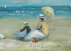 Beautiful Oil on Canvas Impressionist Vintage Beach Scene Illegibly Signed