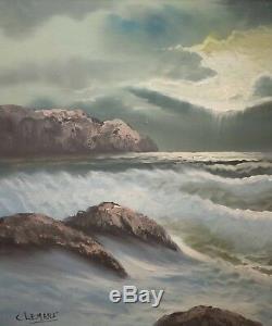 Beautiful Vintage Seascape Oil Painting, Rocky Coast, Signed Clemens NICE