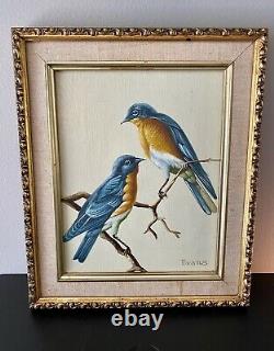Beautiful Vintage Signed Evans Oil on Canvas Blue Birds Of Happiness Painting