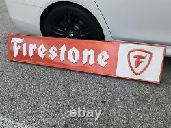 C. 1960s Original Vintage Firestone Sign Metal Embossed Gas Oil Grace Bright RARE