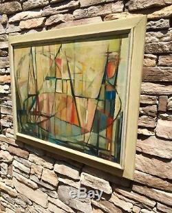 Cubist Mid Century Modern Abstract Painting Canvas Signed Leuning 1959 Vintage