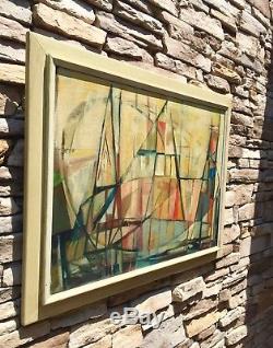Cubist Mid Century Modern Abstract Painting Canvas Signed Leuning 1959 Vintage