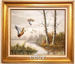 Duck Hunting Painting Oil Original John Star Signed Vintage Gold Gilt Frame 31in