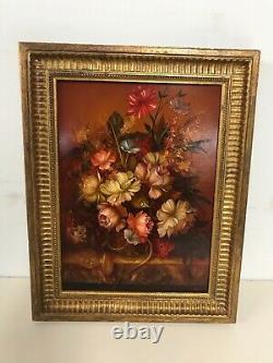 Dutch Oil Painting On Wood. Still Life Of Flowers In A Beautiful Gold Frame