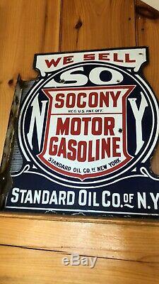 EARLY ORIGINAL Vintage STANDARD SOCONY Porcelain FLANGE SIGN Gas Oil Patina OLD