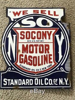 EARLY ORIGINAL Vintage STANDARD SOCONY Porcelain FLANGE SIGN Gas Oil Patina OLD