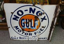 Early DSP Vintage Original Gulf Motor Oil Porcelain Flange Sign 18x 181/2