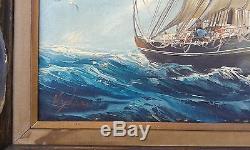 FLIPPER SHIP Yacht Sail Boat Old Vintage Oil Painting Canvas Signed Framed