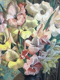 Floral Still Life Oil On Canvas Signed GFM Cox Antique Vintage Painting 1930s