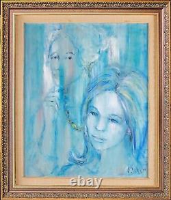 Framed Painting, Vintage Oil on Canvas, 1960 Signed E Illini, Girl Blue Portrait