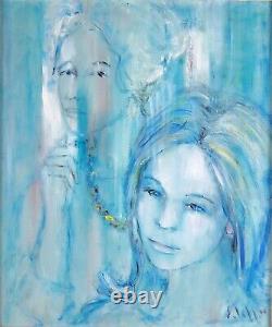 Framed Painting, Vintage Oil on Canvas, 1960 Signed E Illini, Girl Blue Portrait
