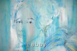 Framed Painting, Vintage Oil on Canvas, 1960 Signed E Illini, Girl Blue Portrait