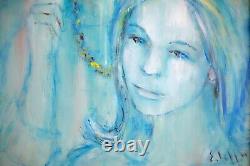 Framed Painting, Vintage Oil on Canvas, 1960 Signed E Illini, Girl Blue Portrait