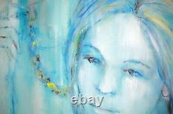 Framed Painting, Vintage Oil on Canvas, 1960 Signed E Illini, Girl Blue Portrait