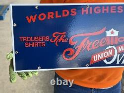 Free Land Overalls Union Made Vintage Porcelain 30 X 10 Sign