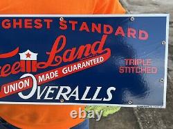 Free Land Overalls Union Made Vintage Porcelain 30 X 10 Sign