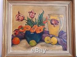French oil original painting still life flowers 1958 signed vintage antique 2