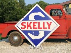 GUARANTEED ORIGINAL Vintage 7' SKELLY Gas OIL Sign PORCELAIN Garage Mancave OLD