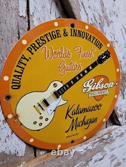 Gibson Vintage Porcelain Sign Guitar Music Instrument Kalamazoo Oil Gas Station