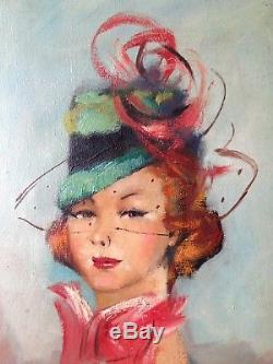 Gorgeous French 1960's Fashion Lady Oil Painting Unknown Signed Vintage Kitsch