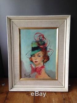 Gorgeous French 1960's Fashion Lady Oil Painting Unknown Signed Vintage Kitsch