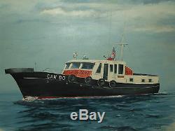 Huge 48 Vintage Framed Signed Maritime Boat Ship Oil Painting Herb Hewitt 1978