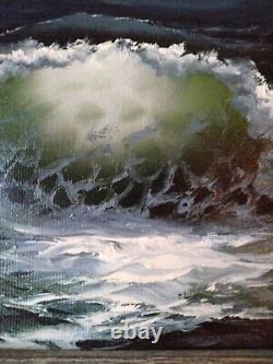 J. Walker Signed Oil Painting Vintage Surf Seascape Rocks Night Evening View