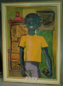 Jose Luis Figueroa Oil Painting Collage 1960s Young Black Man Portrait Vintage