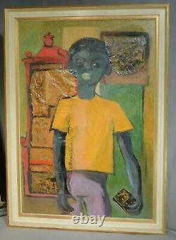 Jose Luis Figueroa Oil Painting Collage 1960s Young Black Man Portrait Vintage