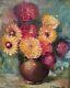 Large Vintage 70s Floral Still Life Oil Painting Textural Chrysanthemums Signed