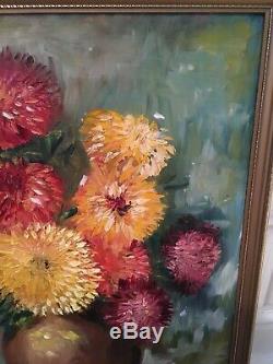 LARGE VINTAGE 70s FLORAL STILL LIFE OIL PAINTING TEXTURAL CHRYSANTHEMUMS Signed